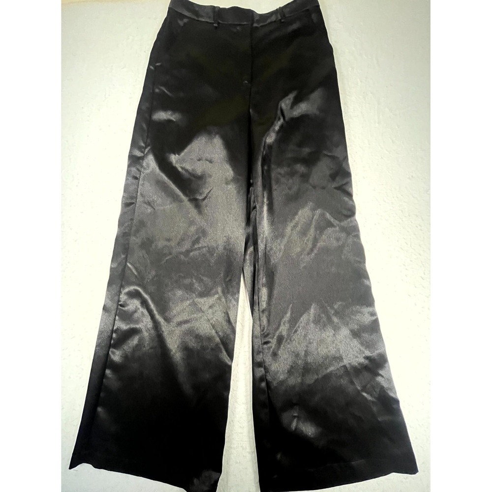 Fashion Nova Dress Pants Womens M Black Satin High Rise Slash Pockets Wide Leg